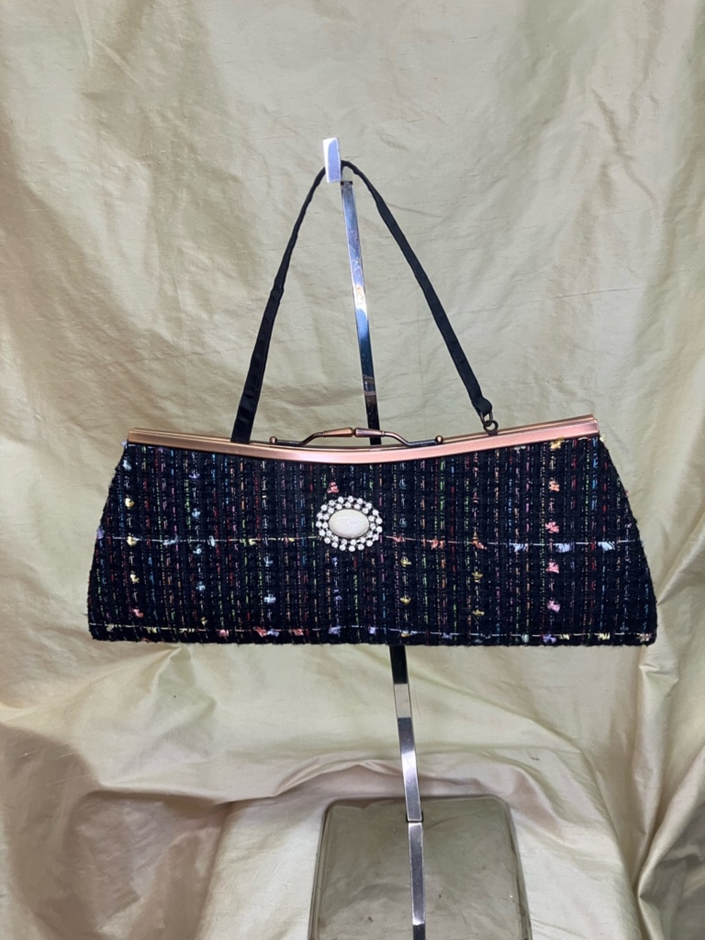 Black Tweed Evening Clutch with Pearl Brooch